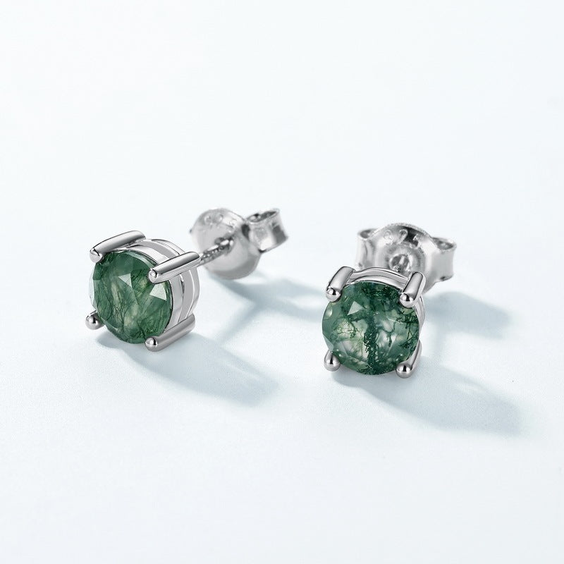 Minimalist 1 Carat Round Cut Moss Agate Stud Earrings