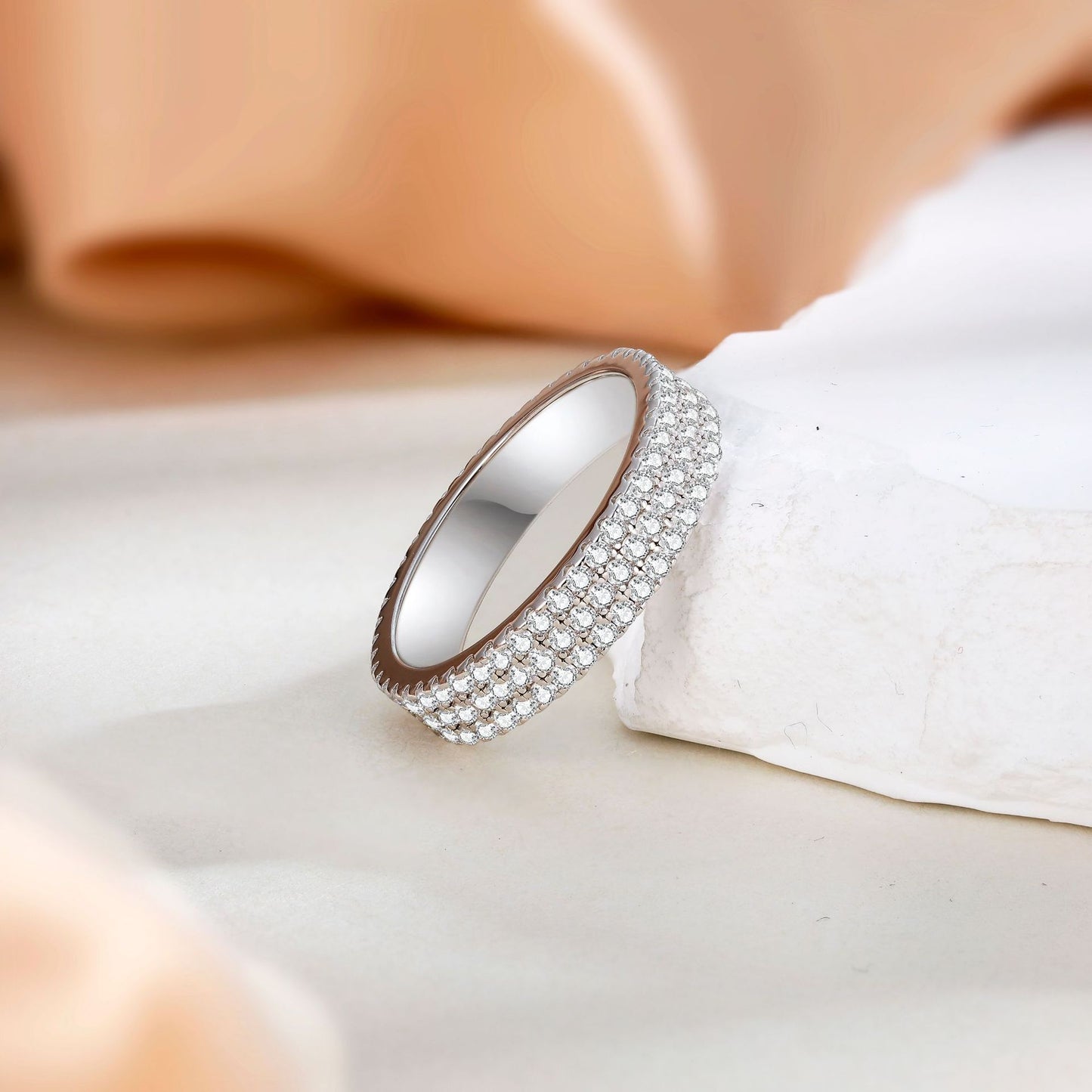 Elegant Triple Row Pave CZ Half Eternity Wedding Band Ring