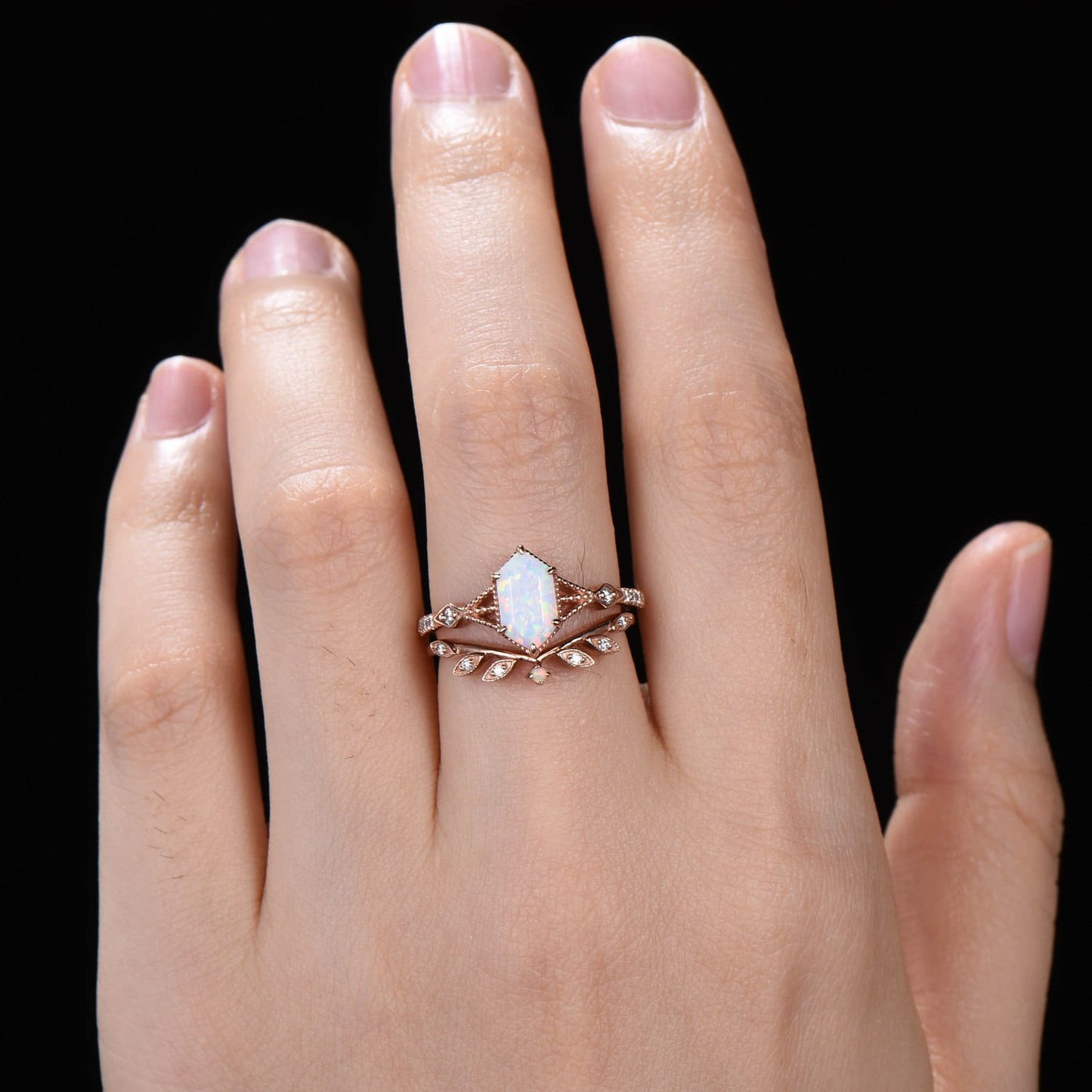 Vintage Opal Bridal Set | Hexagon Center Stone with Delicate Leaf and Moissanite Curved Band