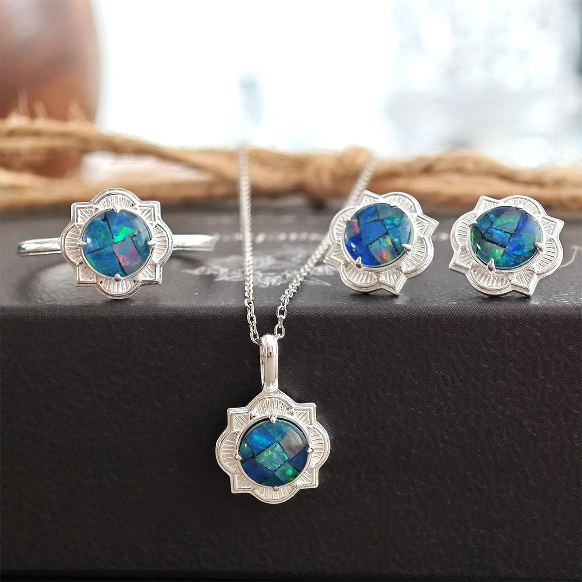 925 Sterling Silver Opal Jewelry Set, Vintage Floral Design Ring, Earrings & Necklace Set with Mosaic Opal