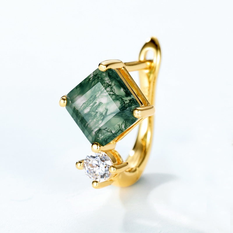 Dainty Princess Cut Moss Agate Leverback Earrings