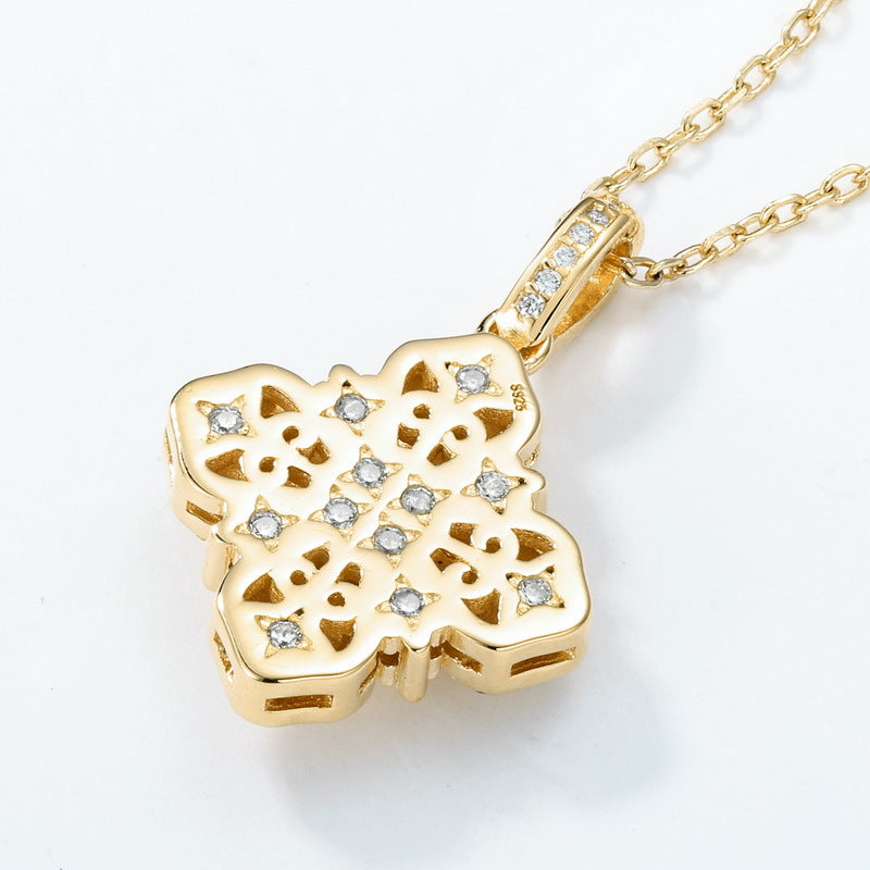 Vintage Inspired Brushed Gold Four Leaf Clover Necklace Floral Cross Pendant