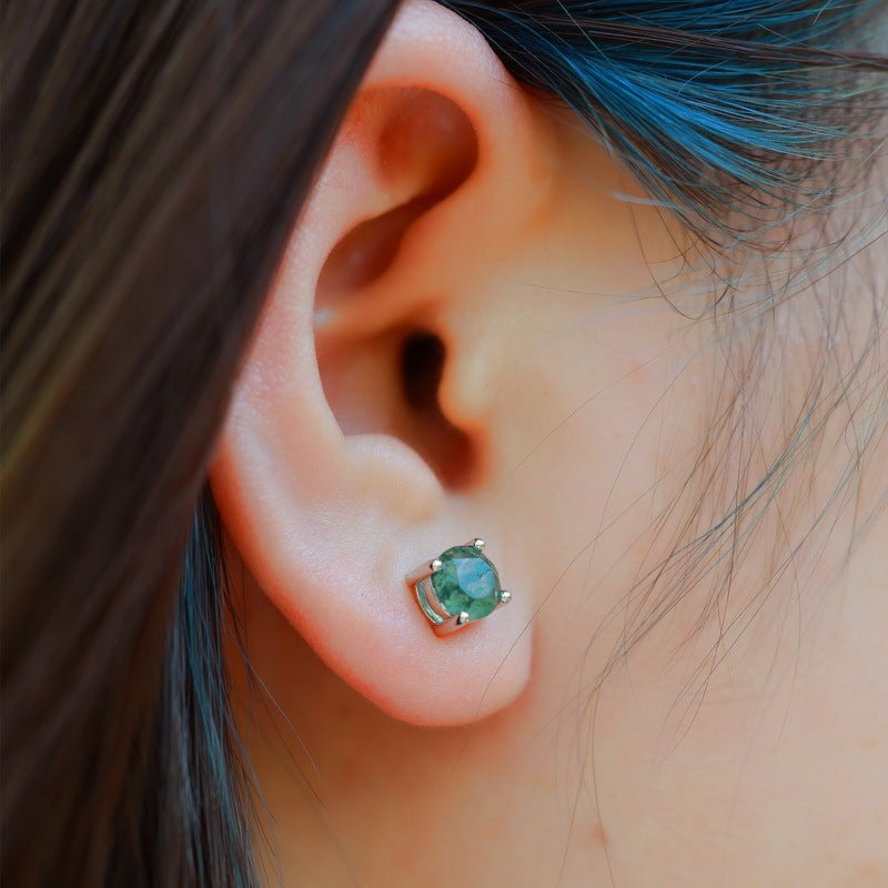 Minimalist 1 Carat Round Cut Moss Agate Stud Earrings