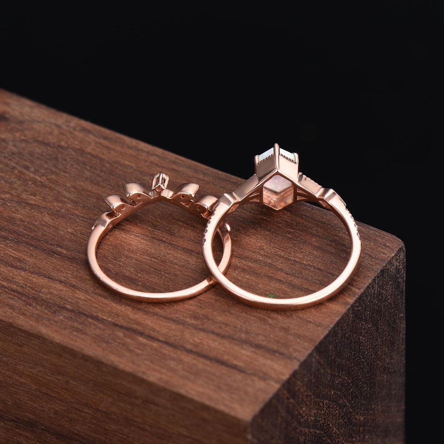 Vintage Opal Bridal Set | Hexagon Center Stone with Delicate Leaf and Moissanite Curved Band