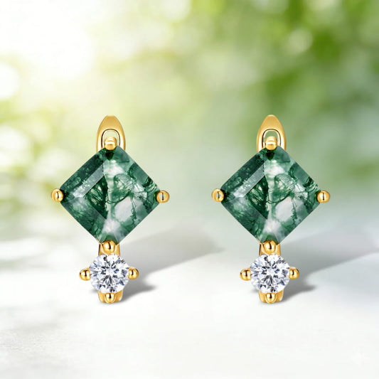 Dainty Princess Cut Moss Agate Leverback Earrings