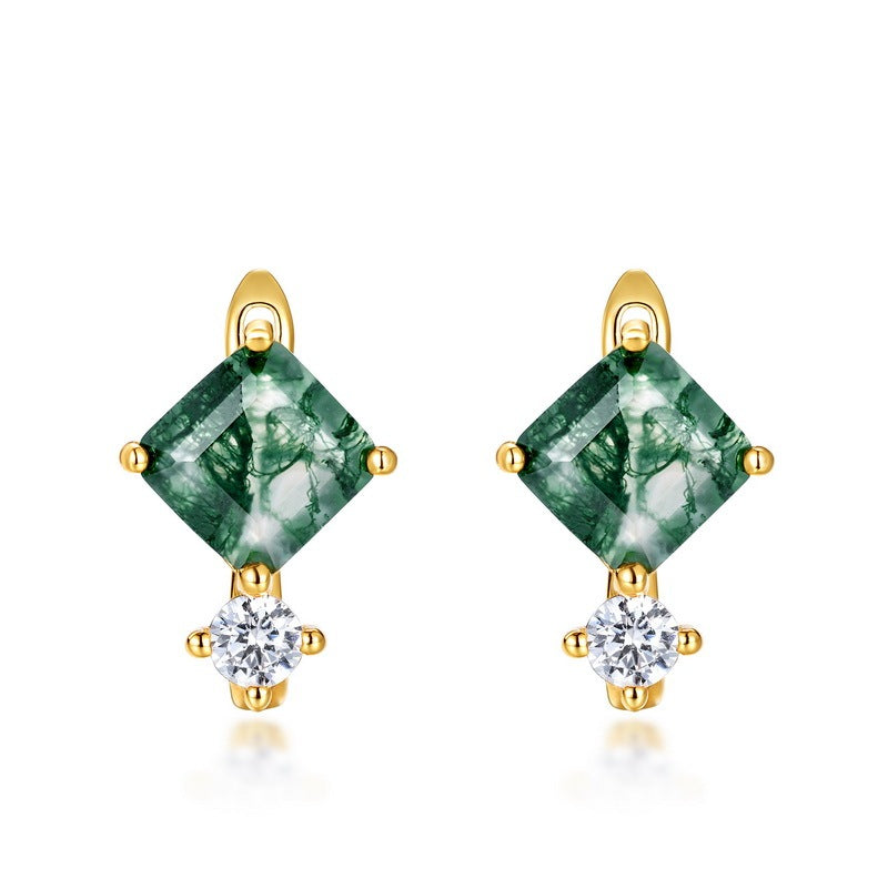 Dainty Princess Cut Moss Agate Leverback Earrings
