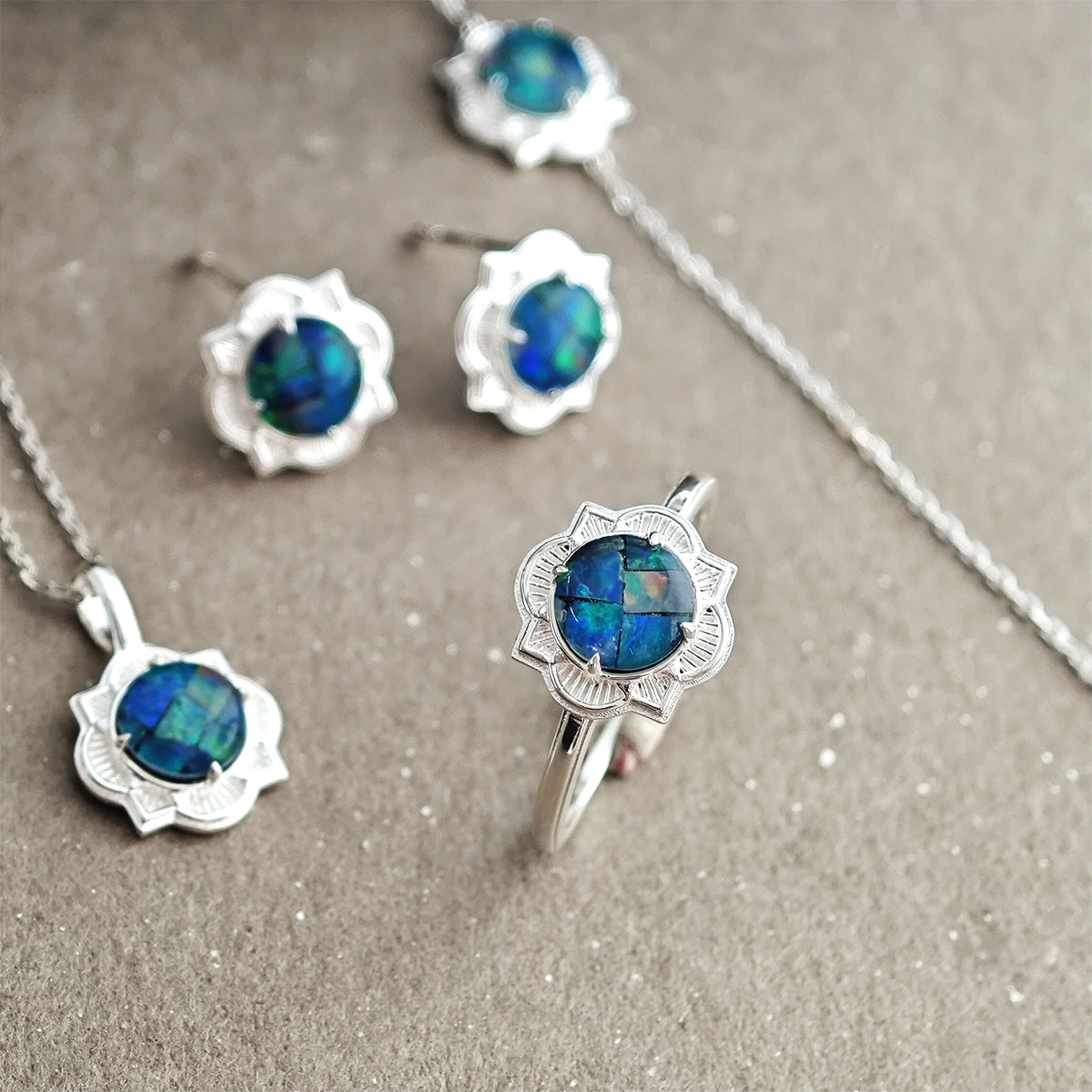 925 Sterling Silver Opal Jewelry Set, Vintage Floral Design Ring, Earrings & Necklace Set with Mosaic Opal