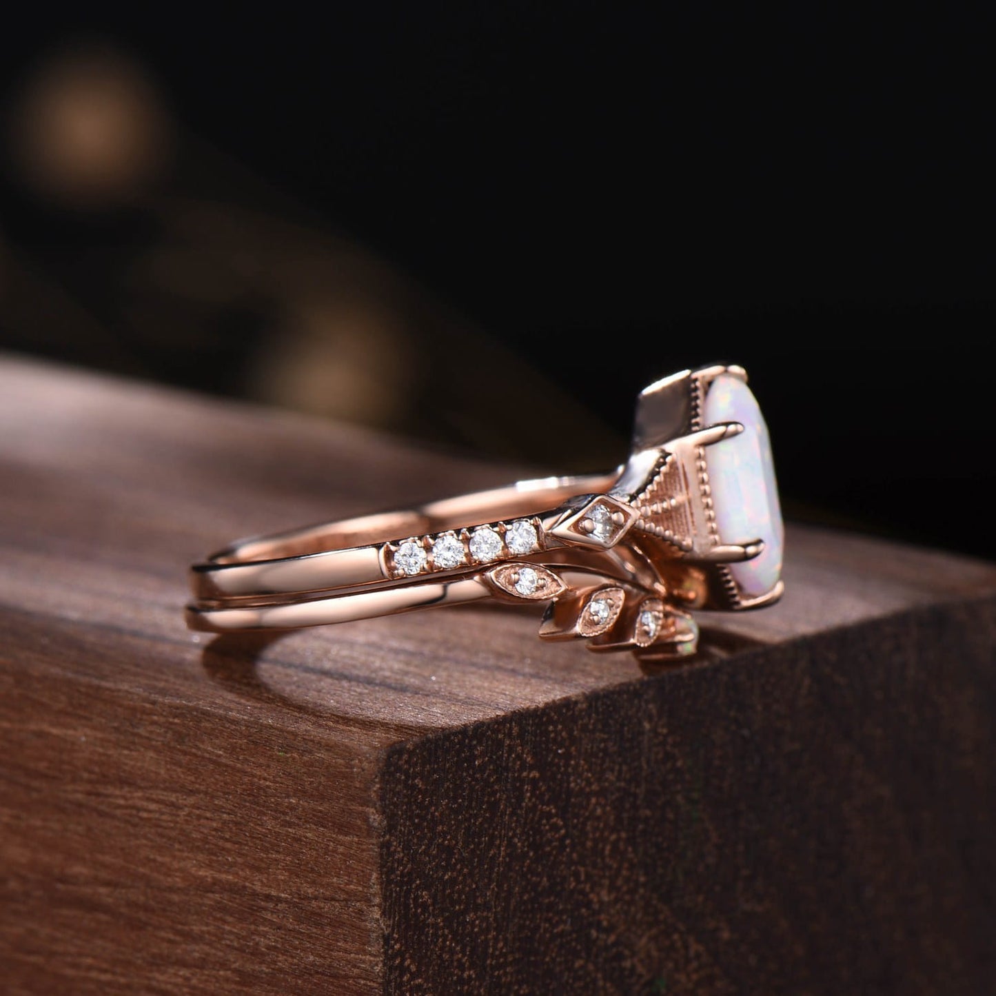 Vintage Opal Bridal Set | Hexagon Center Stone with Delicate Leaf and Moissanite Curved Band