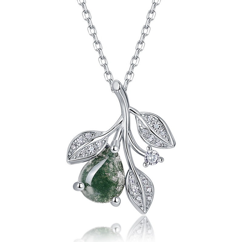 Natural Moss Agate Olive Branch Pendant Necklace