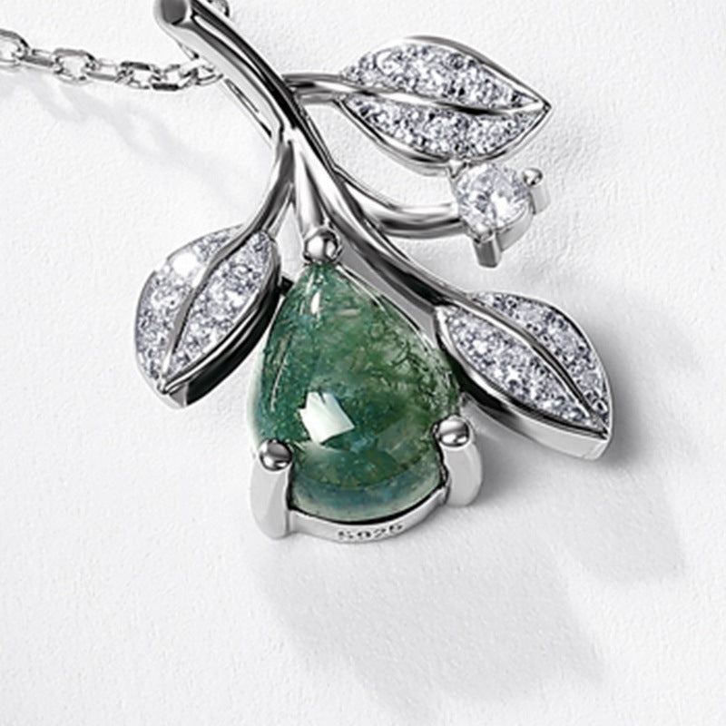 Natural Moss Agate Olive Branch Pendant Necklace