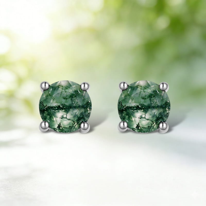 Minimalist 1 Carat Round Cut Moss Agate Stud Earrings