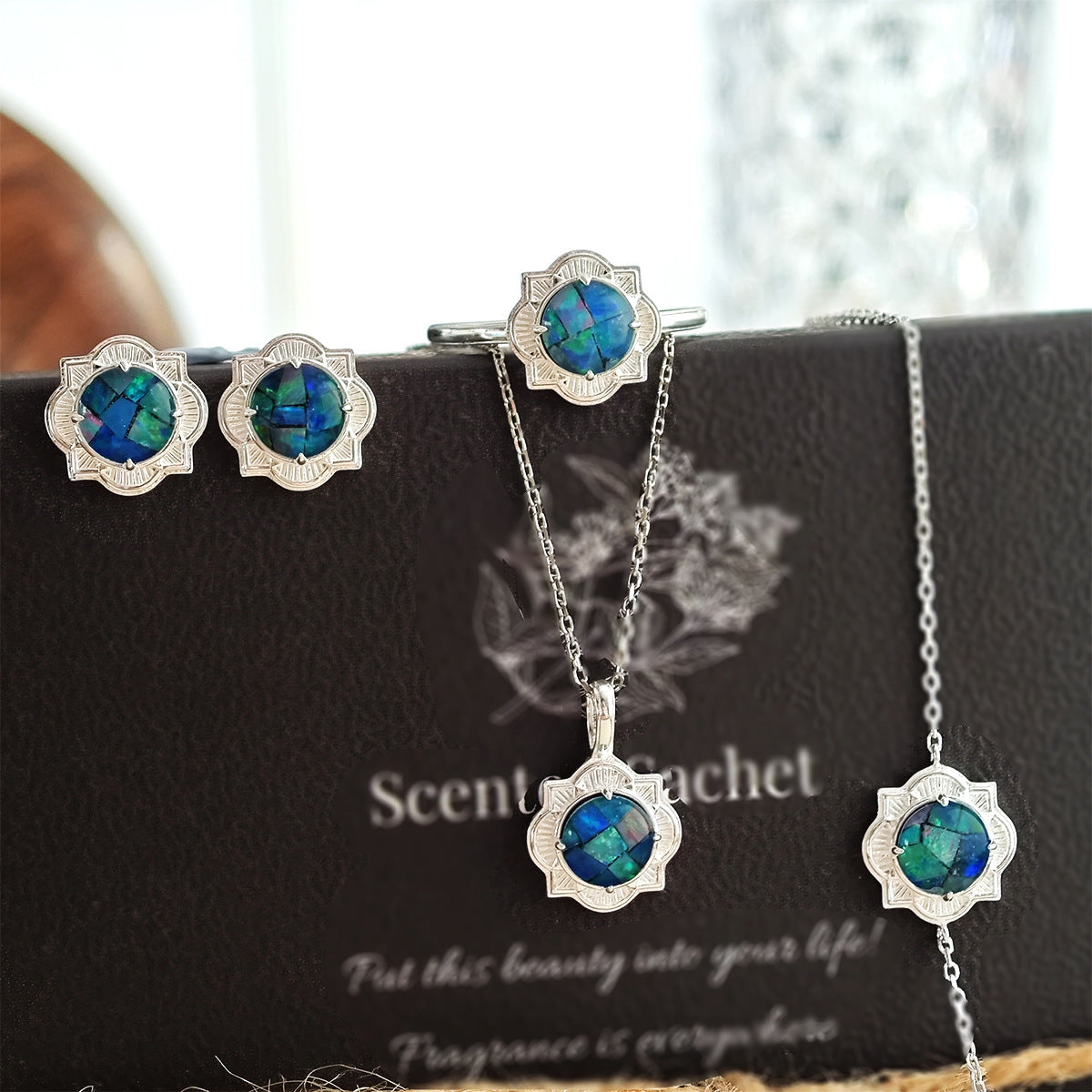 925 Sterling Silver Opal Jewelry Set, Vintage Floral Design Ring, Earrings & Necklace Set with Mosaic Opal