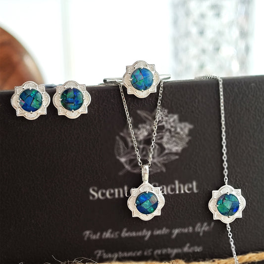 925 Sterling Silver Opal Jewelry Set, Vintage Floral Design Ring, Earrings & Necklace Set with Mosaic Opal