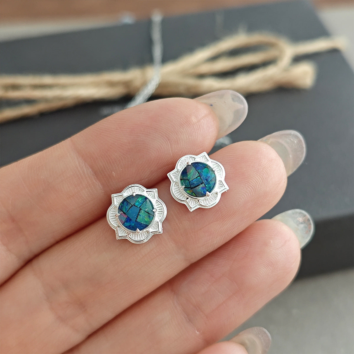 925 Sterling Silver Opal Jewelry Set, Vintage Floral Design Ring, Earrings & Necklace Set with Mosaic Opal
