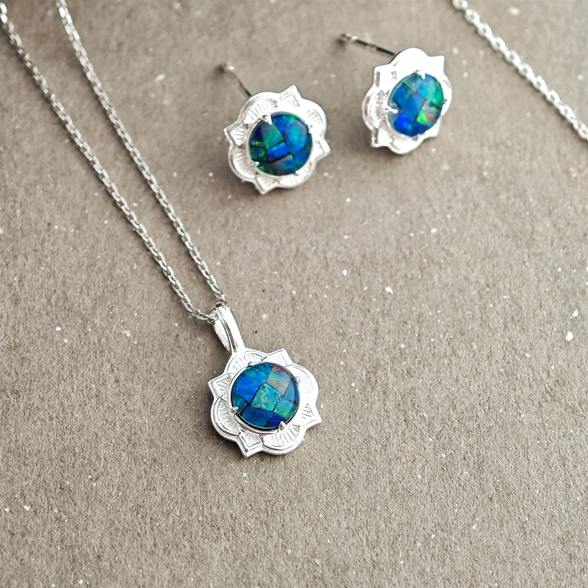 925 Sterling Silver Opal Jewelry Set, Vintage Floral Design Ring, Earrings & Necklace Set with Mosaic Opal