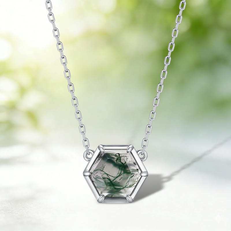8mm Hexagon Cut Natural Bezel Moss Agate Necklace