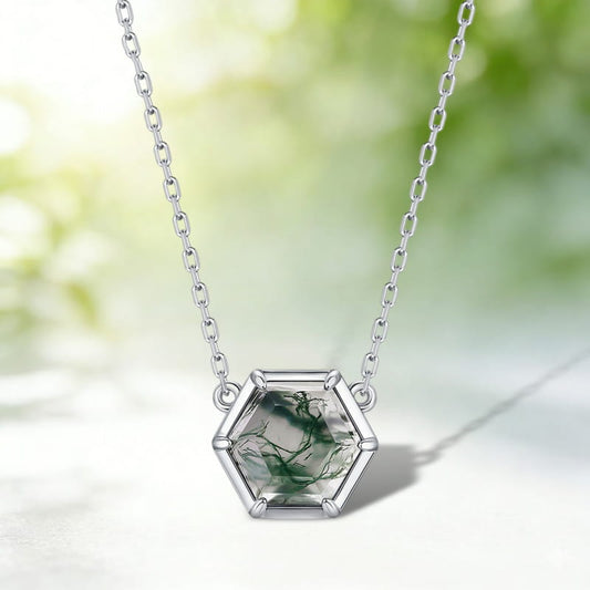 8mm Hexagon Cut Natural Bezel Moss Agate Necklace