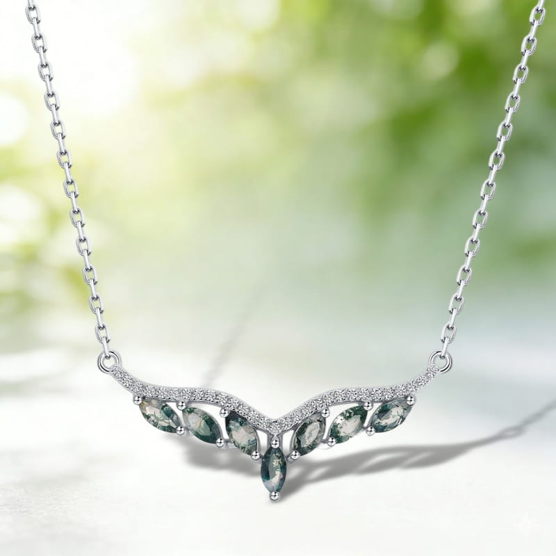 Marquise Natural Moss Agate Chevron Necklace