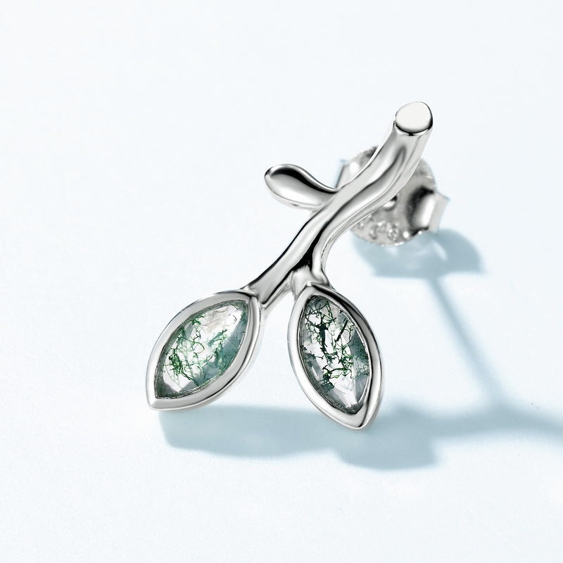 Dainty Sprout Moss Agate Studs Whimsical Tree Branch Earrings Unique Forest Lover Gift