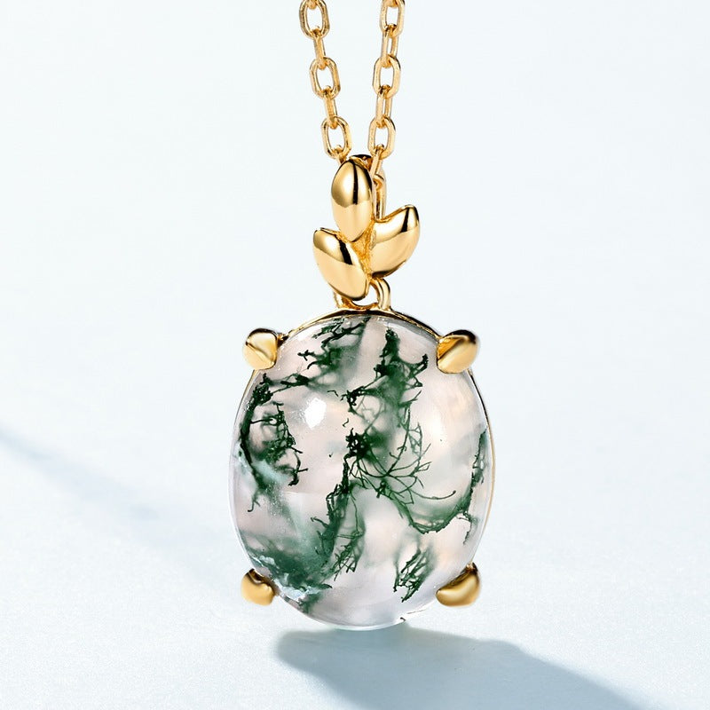 Elegant Oval Cut Moss Agate Leaf Vine Neckalce Pendant