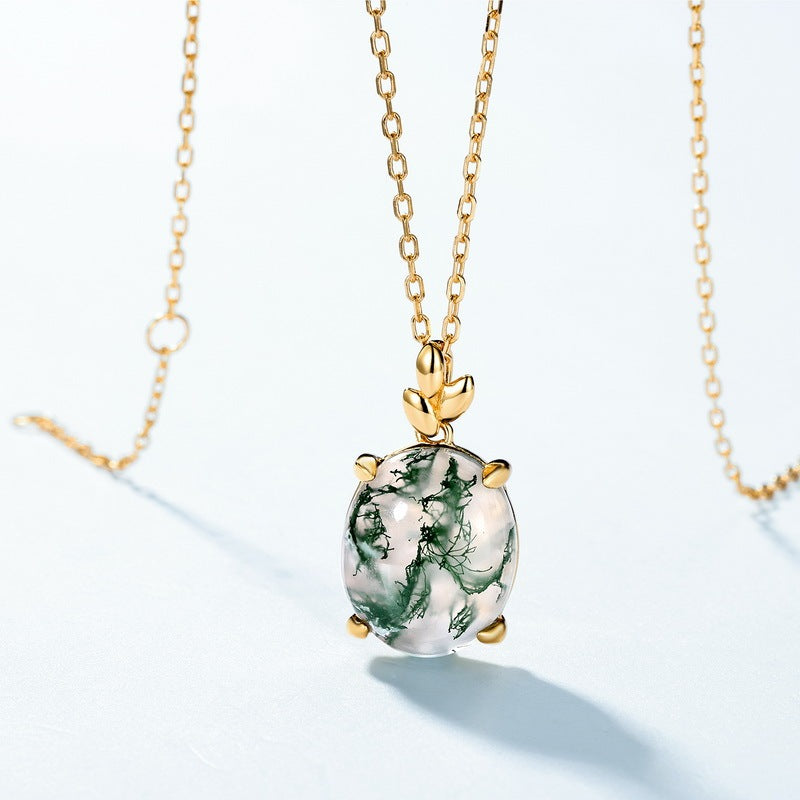 Elegant Oval Cut Moss Agate Leaf Vine Neckalce Pendant