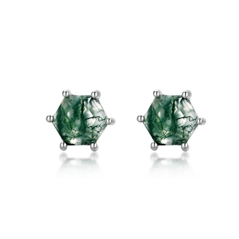 Minimalist Hexagon Cut Moss Agate Stud Earrings Claw Setting