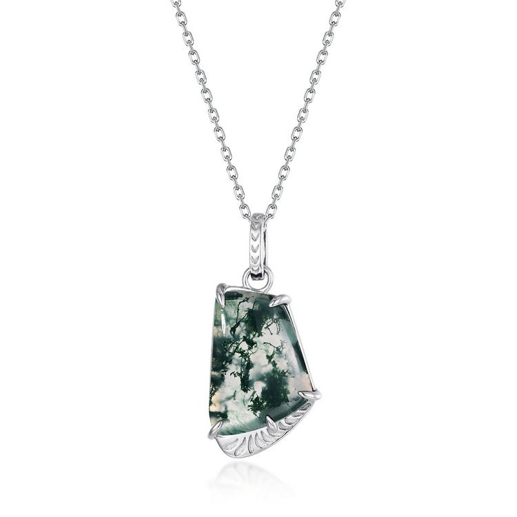 Unique Fan Shaped Moss Agate Necklace Pendant