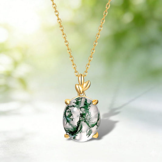 Elegant Oval Cut Moss Agate Leaf Vine Neckalce Pendant
