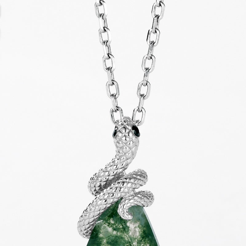 Luxury Snake Kite Cut Green Moss Agate Pendant Necklace