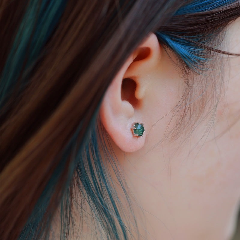 Minimalist Hexagon Cut Moss Agate Stud Earrings Claw Setting