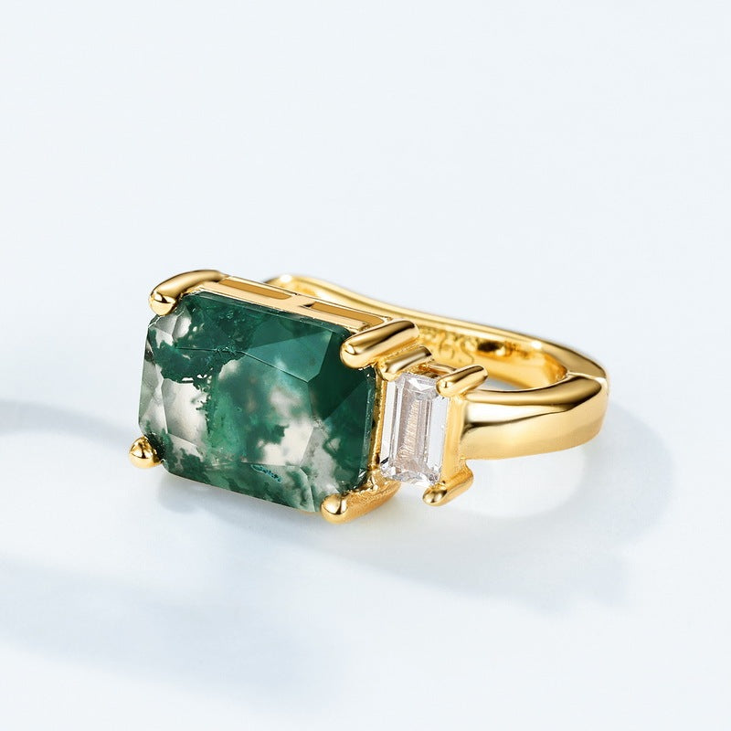 Moss Agate Accent Baguette Huggie Hoop Earrings for Women