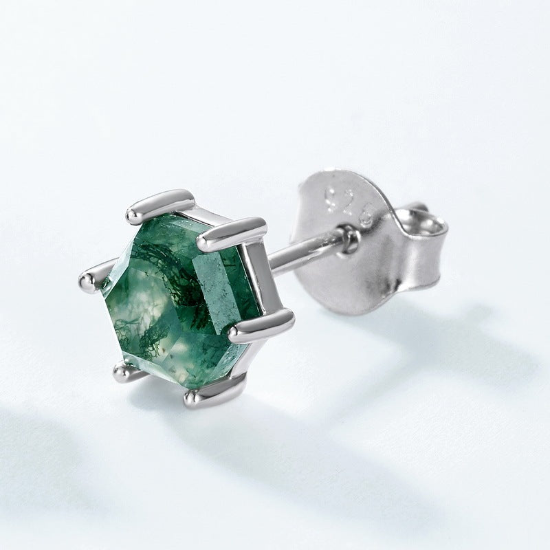 Minimalist Hexagon Cut Moss Agate Stud Earrings Claw Setting