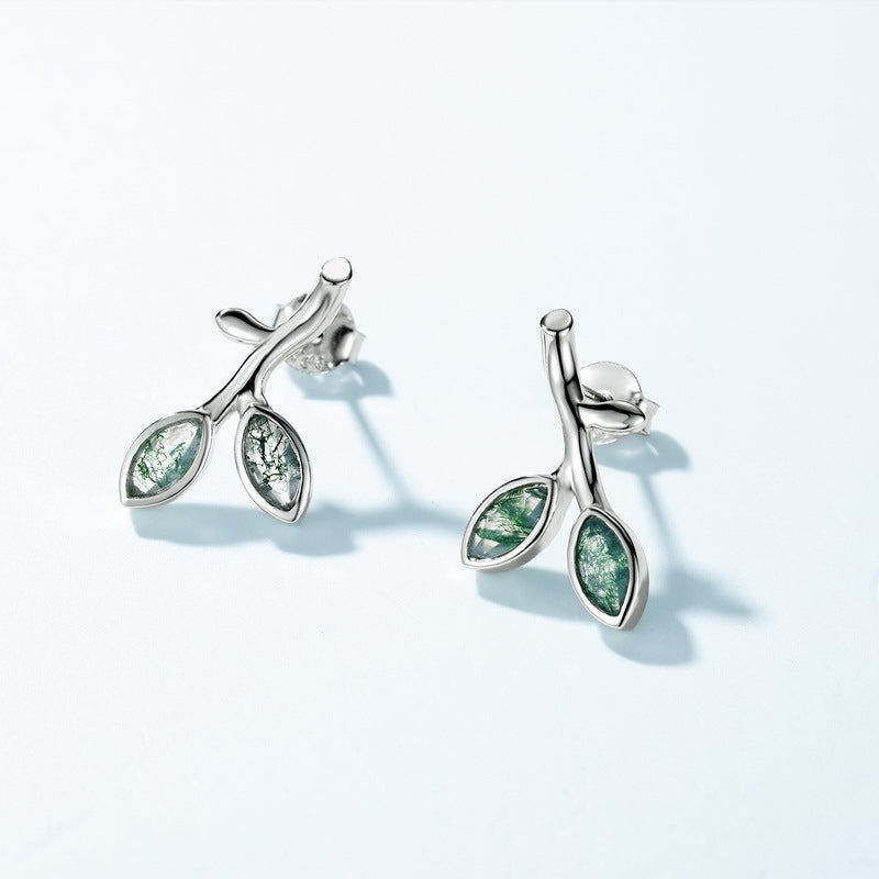 Dainty Sprout Moss Agate Studs Whimsical Tree Branch Earrings Unique Forest Lover Gift