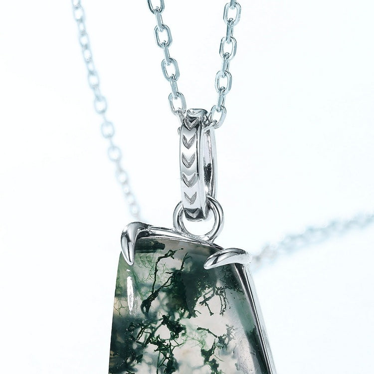 Unique Fan Shaped Moss Agate Necklace Pendant