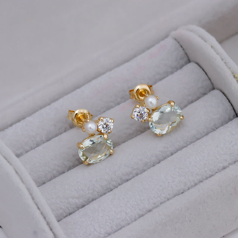 Dainty Oval Cut Green Amethyst Pearl Stud Earrings Three Stone