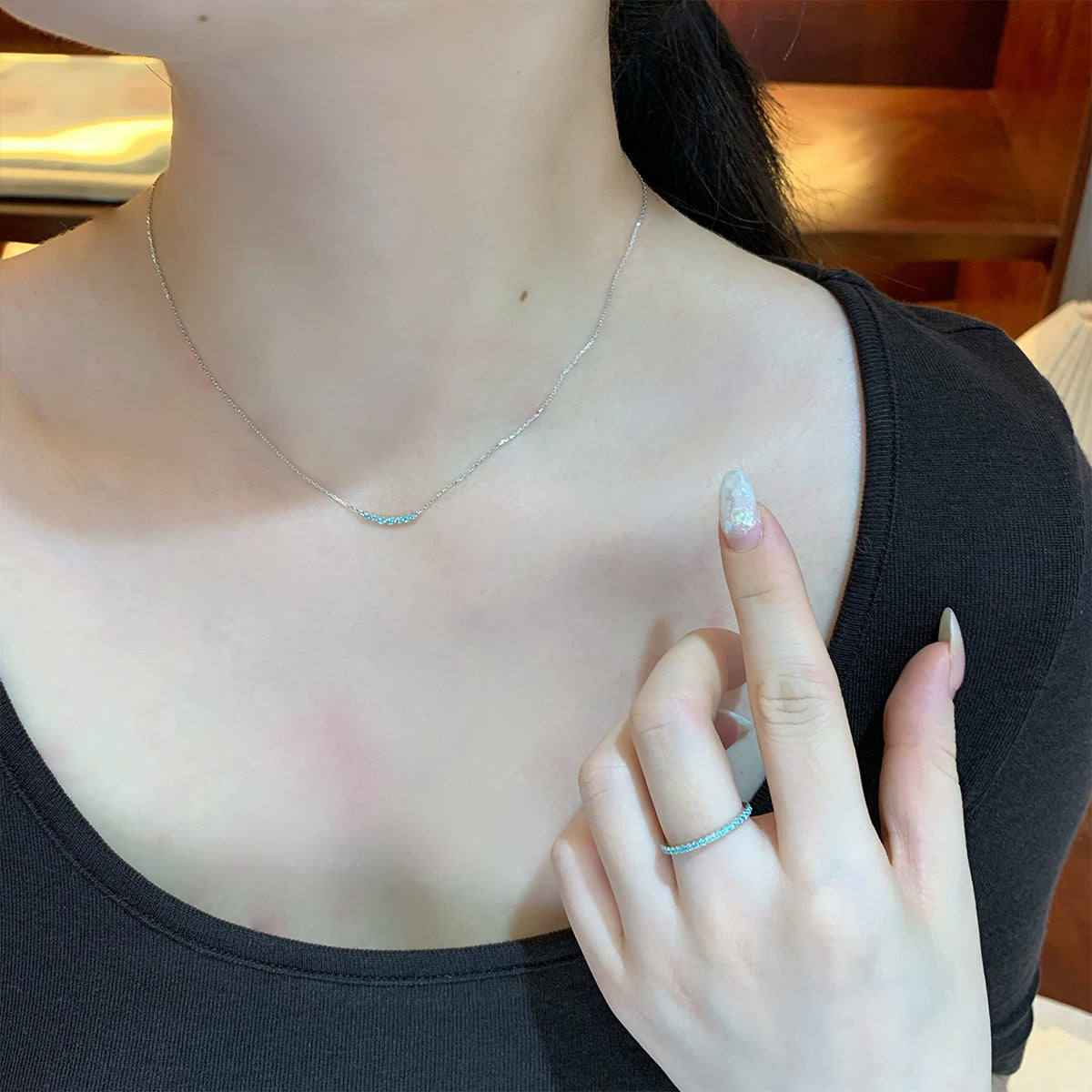 Vintage Paraiba Blue Zircon Curved Bar Necklace