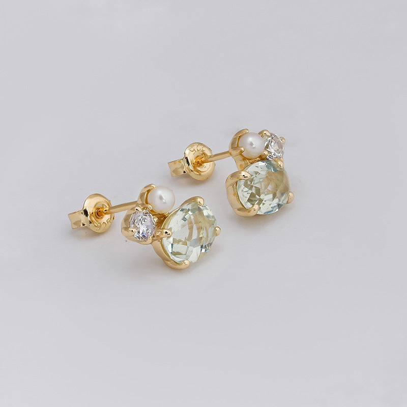 Dainty Oval Cut Green Amethyst Pearl Stud Earrings Three Stone