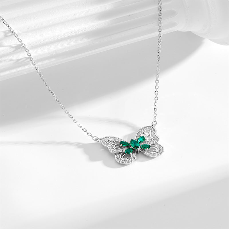 Elegant Silver Emerald Butterfly Necklace and Earring Set May Birthstone