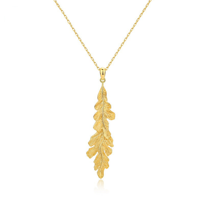 Leaf Pendant Clavicle Chain Hand Brushed S925 Silver Gold Plated Necklace