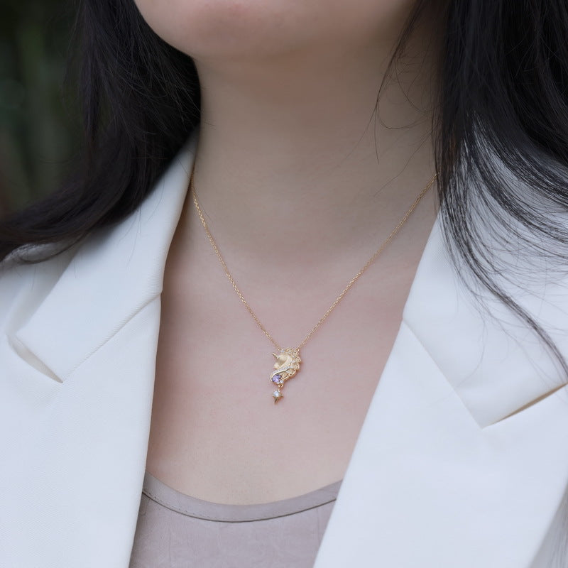 Leaf Pendant Clavicle Chain Hand Brushed S925 Silver Gold Plated Necklace