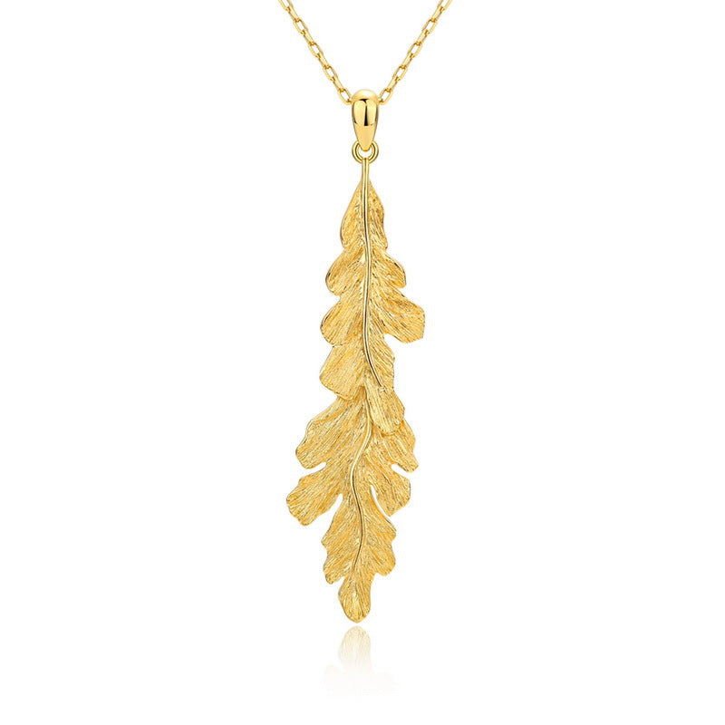 Leaf Pendant Clavicle Chain Hand Brushed S925 Silver Gold Plated Necklace
