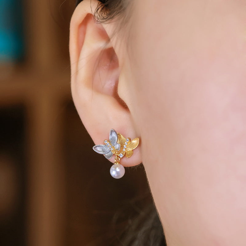 Two Tone Gold Hand-Brushed Butterfly Stud Earrings Sparkling Rhinestones & Pearls