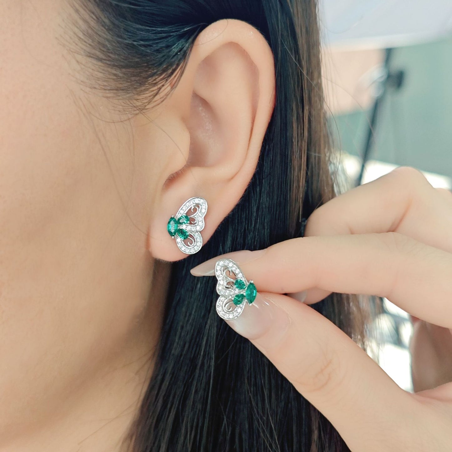 Elegant Silver Emerald Butterfly Necklace and Earring Set May Birthstone