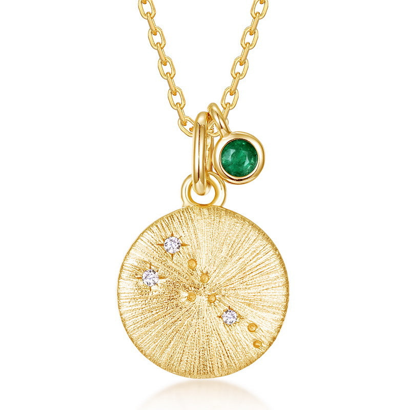 Taurus Constellation Necklace | Emerald Birthstone Zodiac Pendant | Brushed Gold Coin Astrology Gift