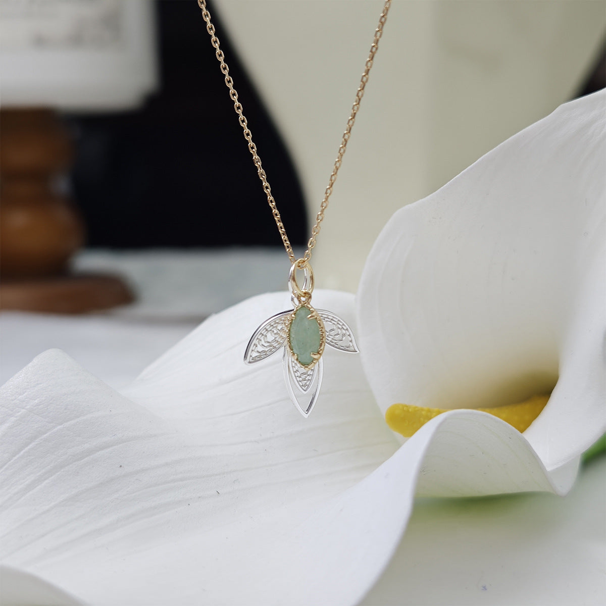 Delicate Sage Leaf Silver Green Aventurine Pendant Botanical Filigree Necklace