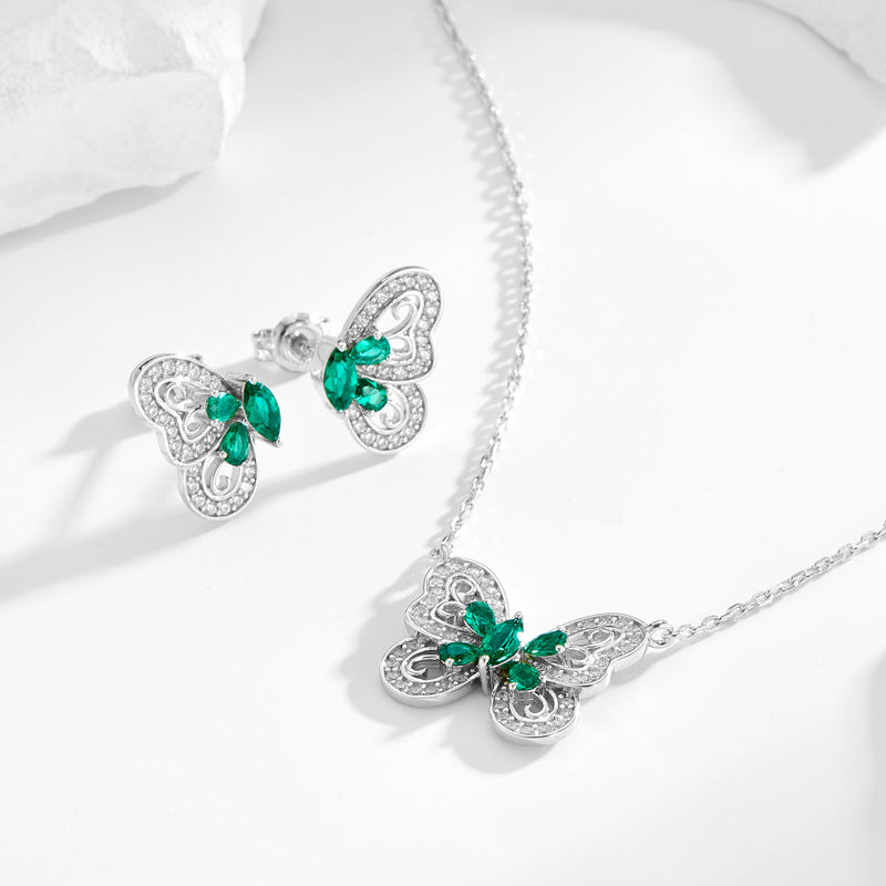 Elegant Silver Emerald Butterfly Necklace and Earring Set May Birthstone