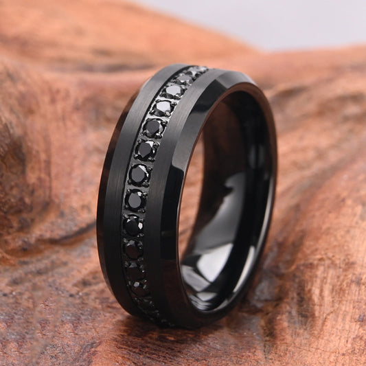 8mm tungsten gold men's wedding band steel hammered black ring electric black combination inlaid with black zircon - PENFINE