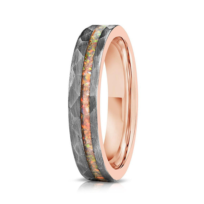 6mm Men's wedding band Tungsten Steel Hammered Electric Rose Ring Inlaid with Orbo Tungsten Gold - PENFINE