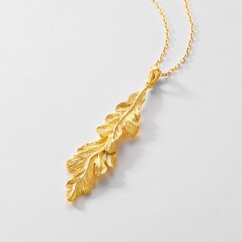 Leaf Pendant Clavicle Chain Hand Brushed S925 Silver Gold Plated Necklace