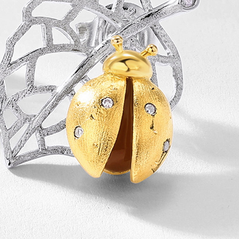 Ladybug Leaf Earrings, Two-Tone Gold & Silver Stud Earrings with Natural Red Agate Accents